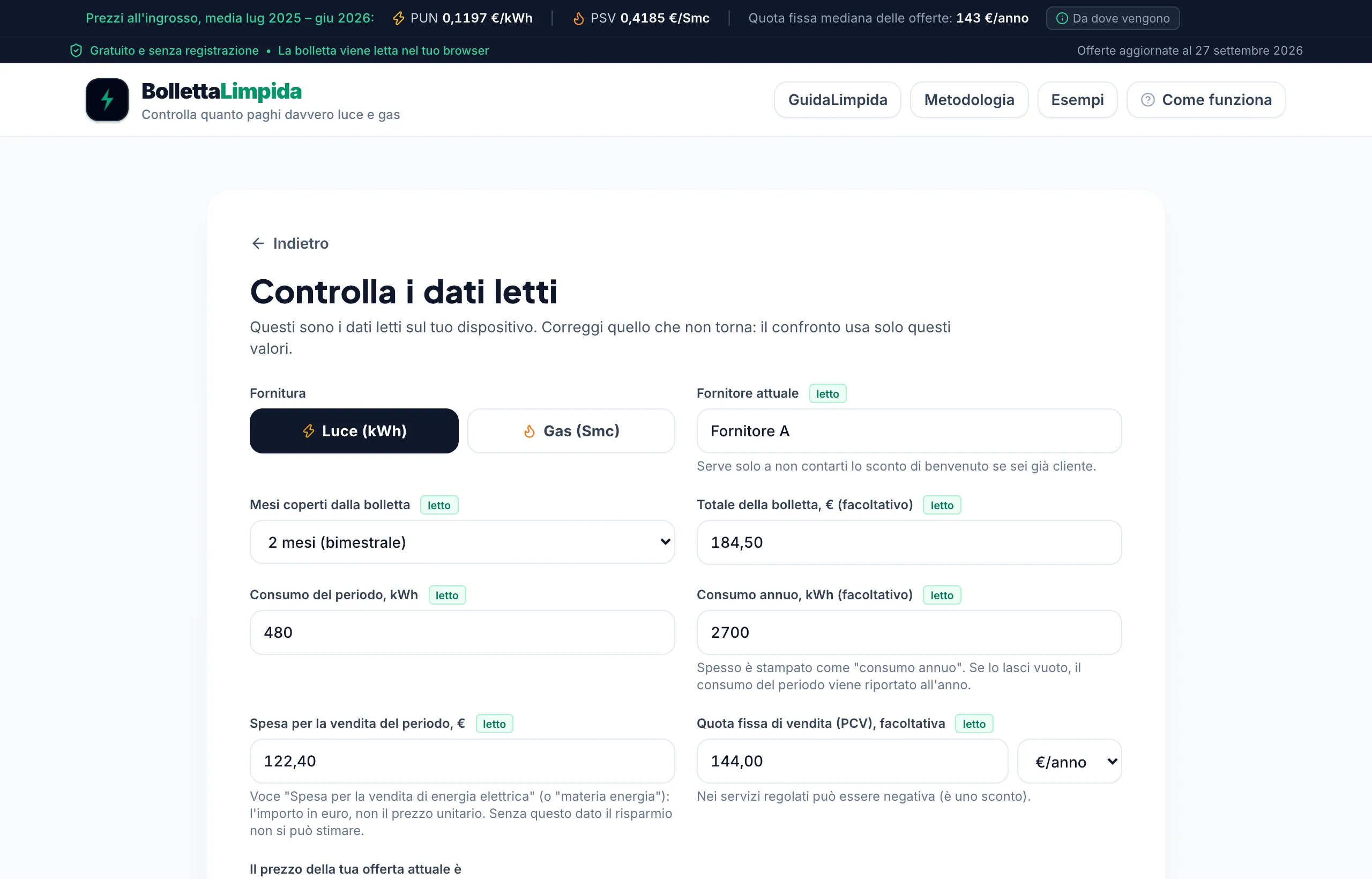 La schermata Controlla i dati letti, con ogni campo segnato come letto dalla bolletta.